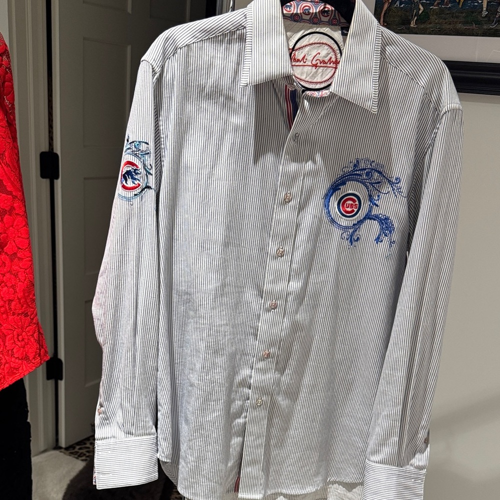 Men's Robert Graham Blue Striped Shirt with Embroidered Logo Cubs